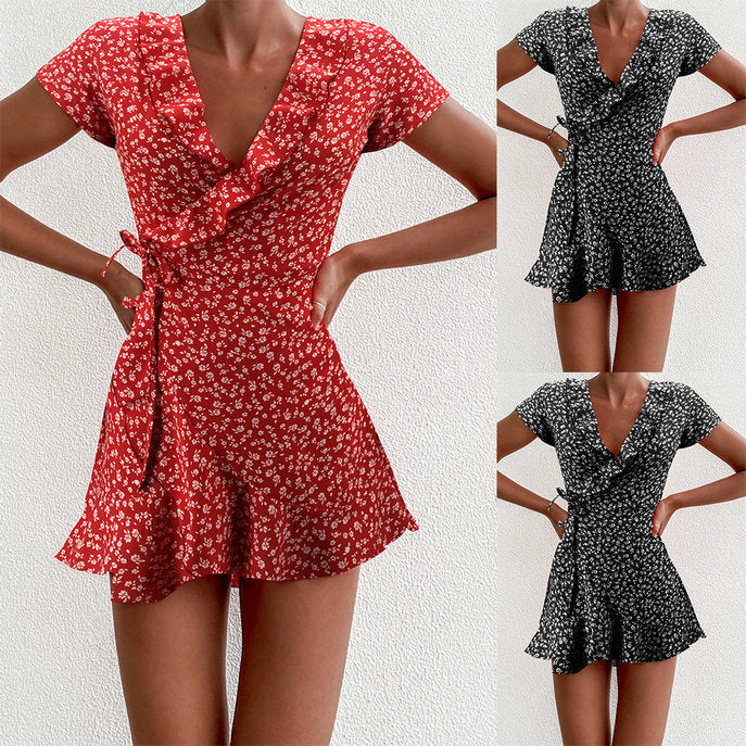 Robe trapèze slim à volants et col en V en dentelle pour l'été, style européen et américain
