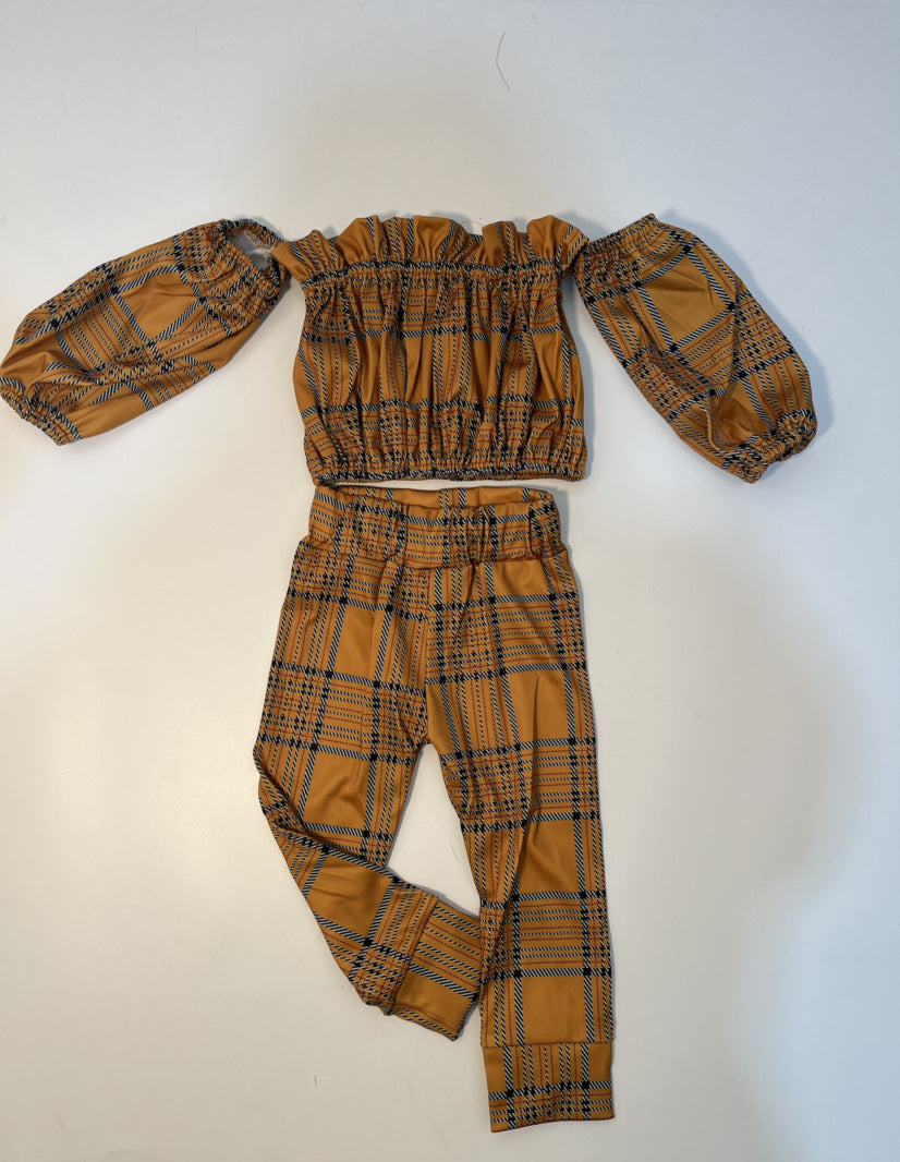 Checker Trousers One Shoulder Long Sleeve Two-piece Set