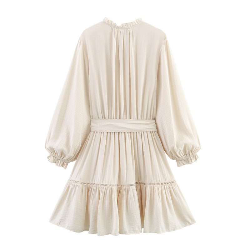 Elegant Slim-fit Wrinkle Effect Long Sleeve V-neck Dress