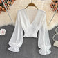 V-neck Cross Slim Fit Polka Dot Chiffon Shirt Western Style Waist-slimming Short