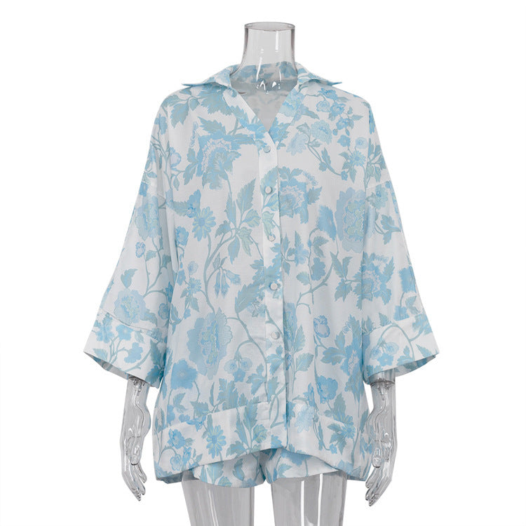 Women's Casual Wear Loose Long Shirt High Waist Shorts With Belt Two-piece Set