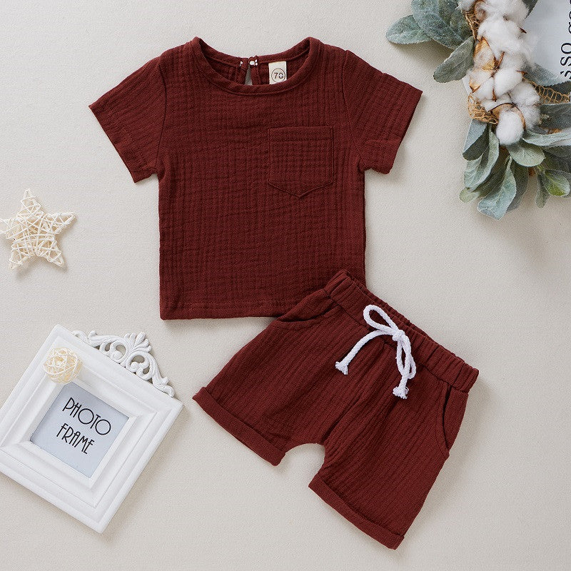 Two Piece Cotton Double Crepe Short Sleeved Shorts