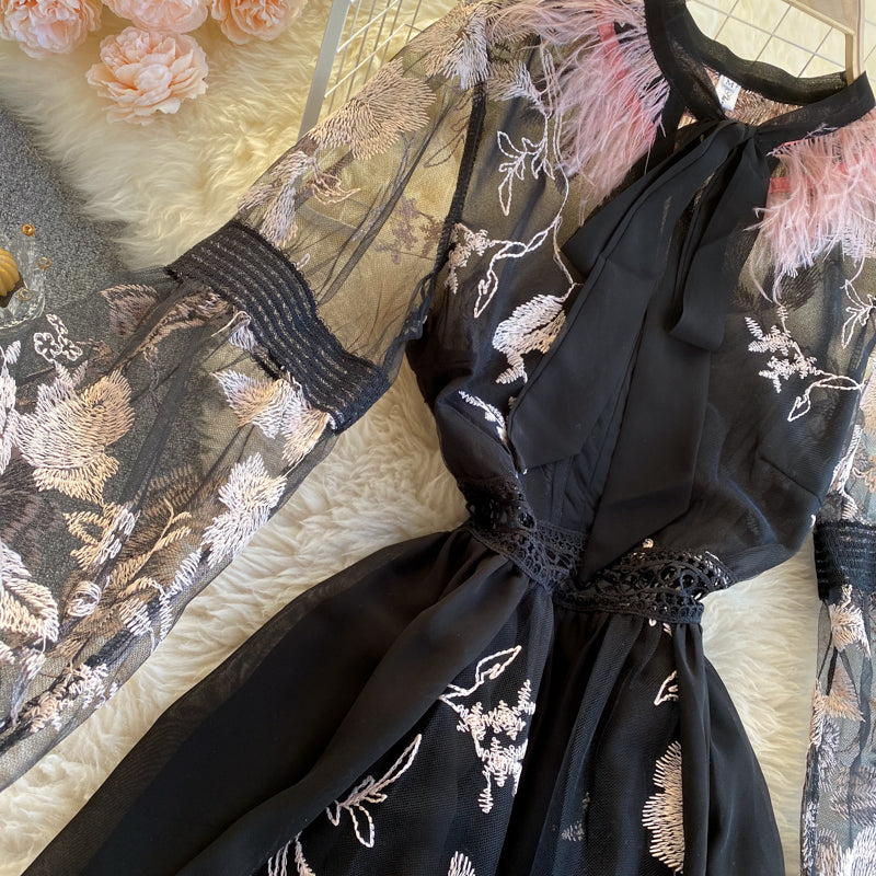 Heavy Industry Embroidered Flowers Ostrich Fur Lace Dress