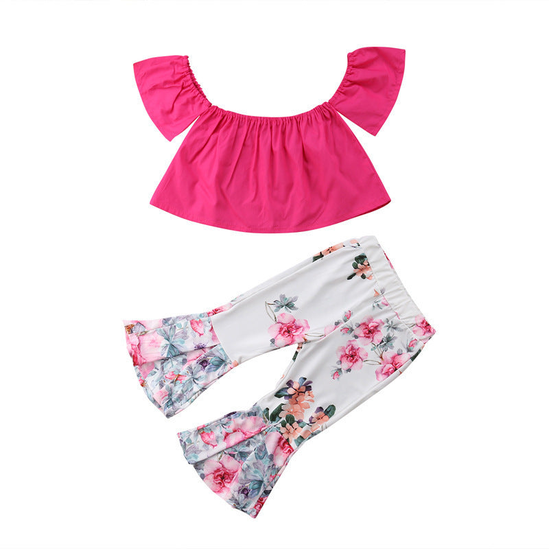 Ensemble 2 pièces chemisier asymétrique à manches volantées et pantalon fleuri pour fille