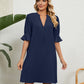 Summer Dress Solid Color V-neck Loose Pleated Half-sleeve Dress For Women