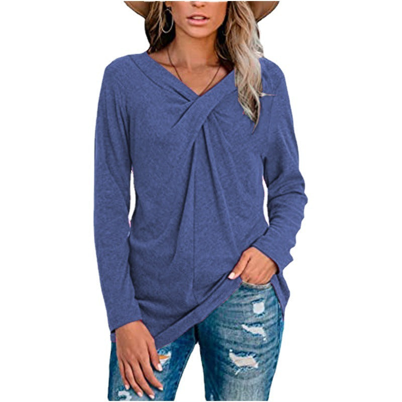 New V-Neck Long Sleeve Neck Twist Casual T-Shirt