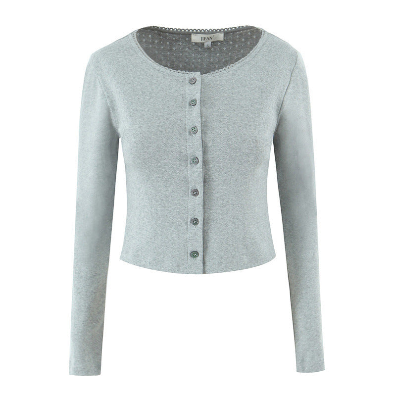 European And American Style Slim Knit 2-Piece Set Sweet Round Neck Long Sleeve Knit Top Elastic Waist Shorts