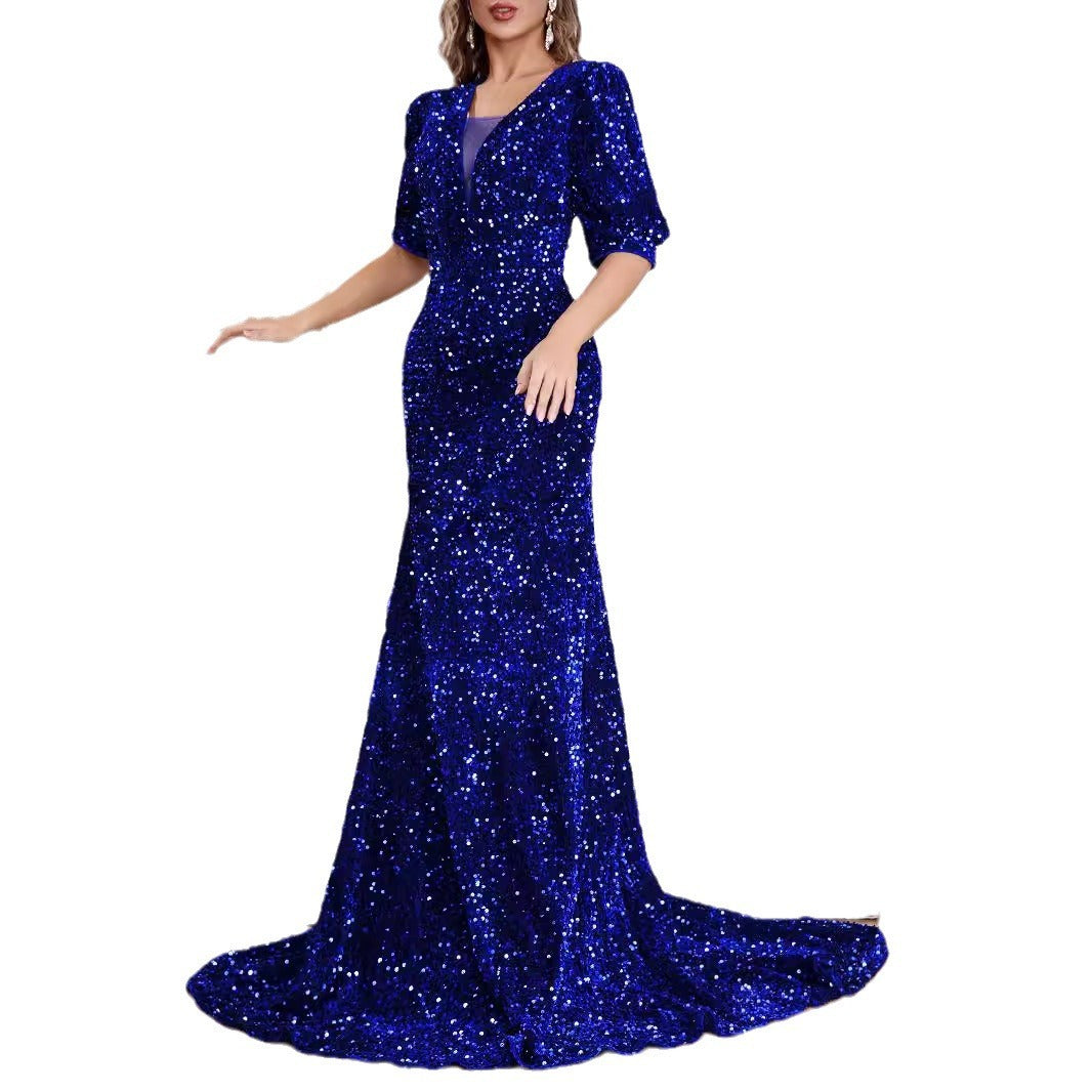 Middle Sleeve Trailing Sequin Dress Banquet Evening Dress