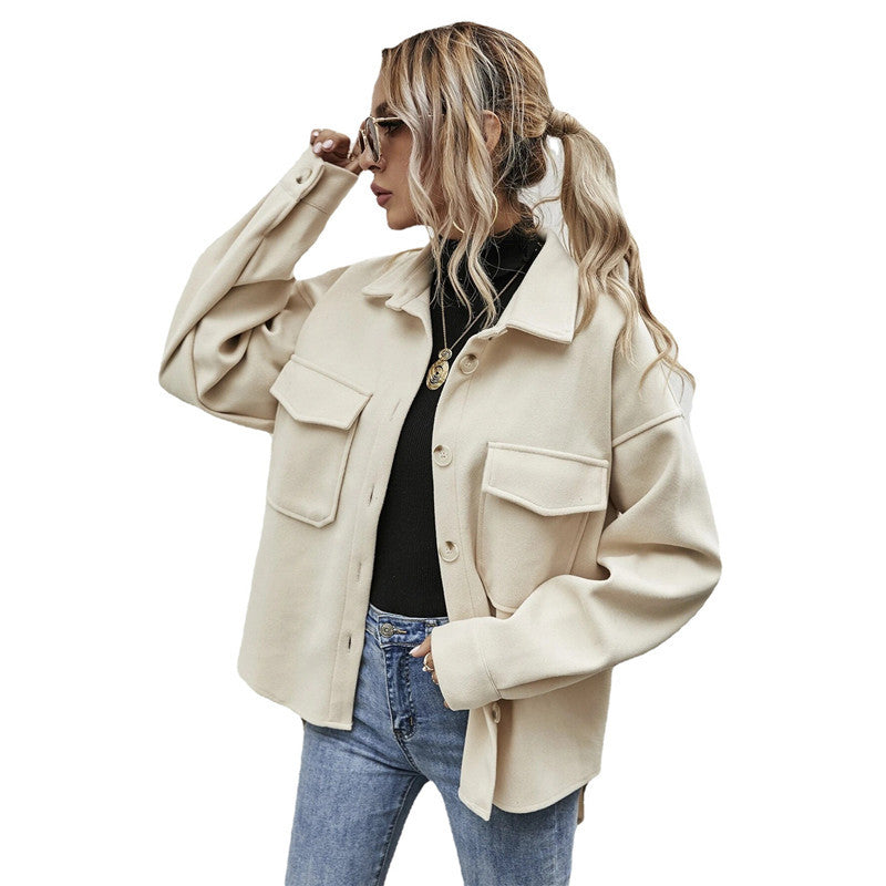 Lapel Single-breasted Thick Solid Color Shirt Woolen Coat