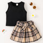 Solid Color Tank Top Plaid Skirt Girls Suit