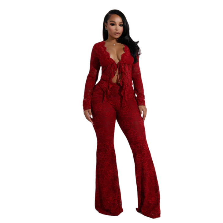 Women's Lacing Hollow Cardigan Long Sleeve Pants Two-piece Suit