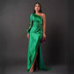 Diagonal Collar Raglan Sleeve Pleated Waist Tight Split Long Dress