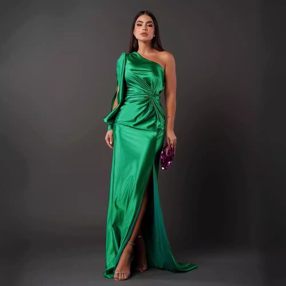 Diagonal Collar Raglan Sleeve Pleated Waist Tight Split Long Dress