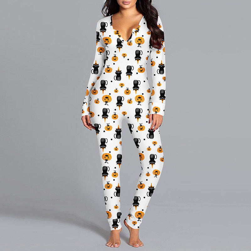 Combinaison imprimée Halloween à manches longues, pyjama pour la maison, pantalon décontracté, vêtements de cosplay pour femmes