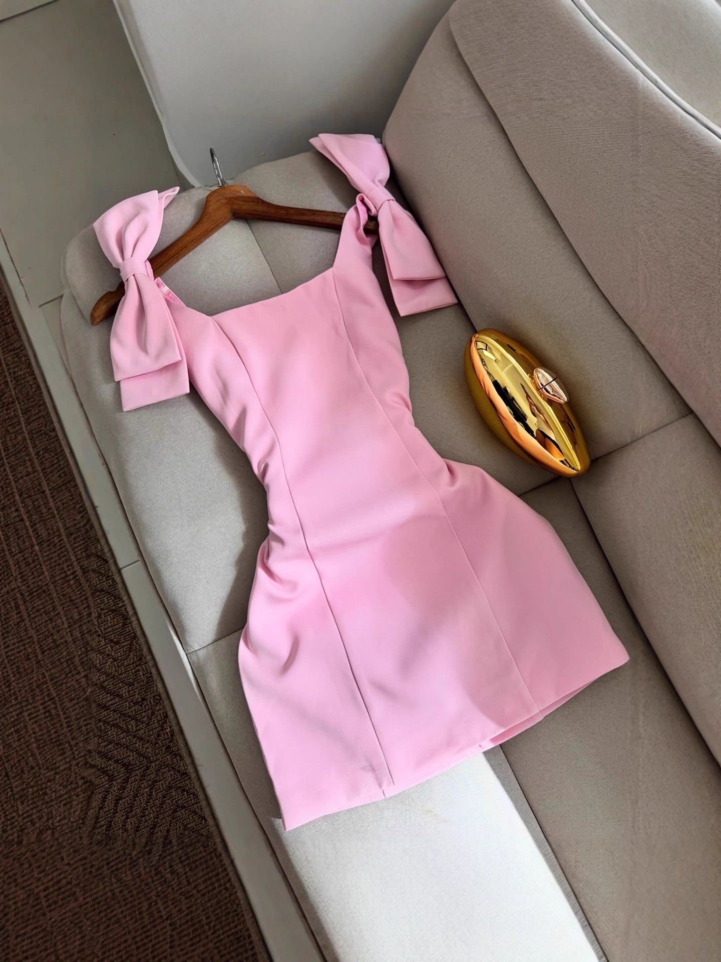 SpringSummer Solid-Color Sweet-Style Slim Fit Dress With Bow Accent