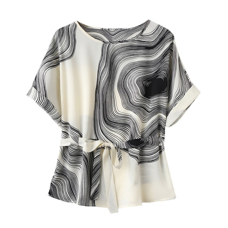 Retro Abstract Print Waist Trimming Loose Women's Short-sleeved Chiffon Shirt