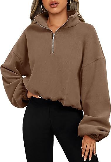 Women's Half Zipped Stand Collar Drawstring At Hem Polar Fleece Autumn Winter Sweater