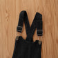 Ensemble à manches courtes pour fille, t-shirt noir à manches bouffantes, jupe à bretelles en jean, tendance