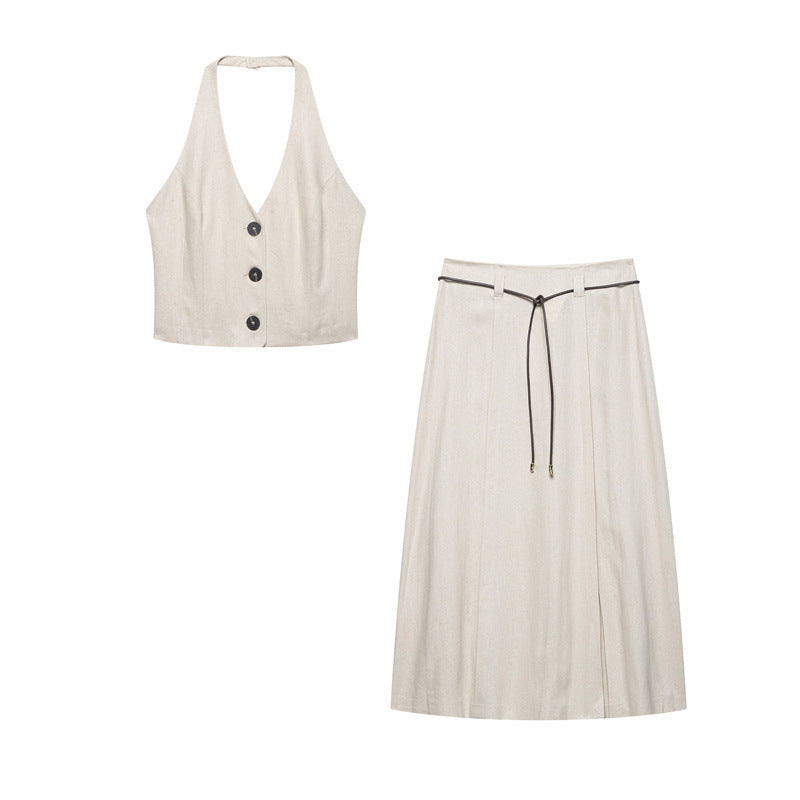 Linen Hanging Collar Top Midi Dress