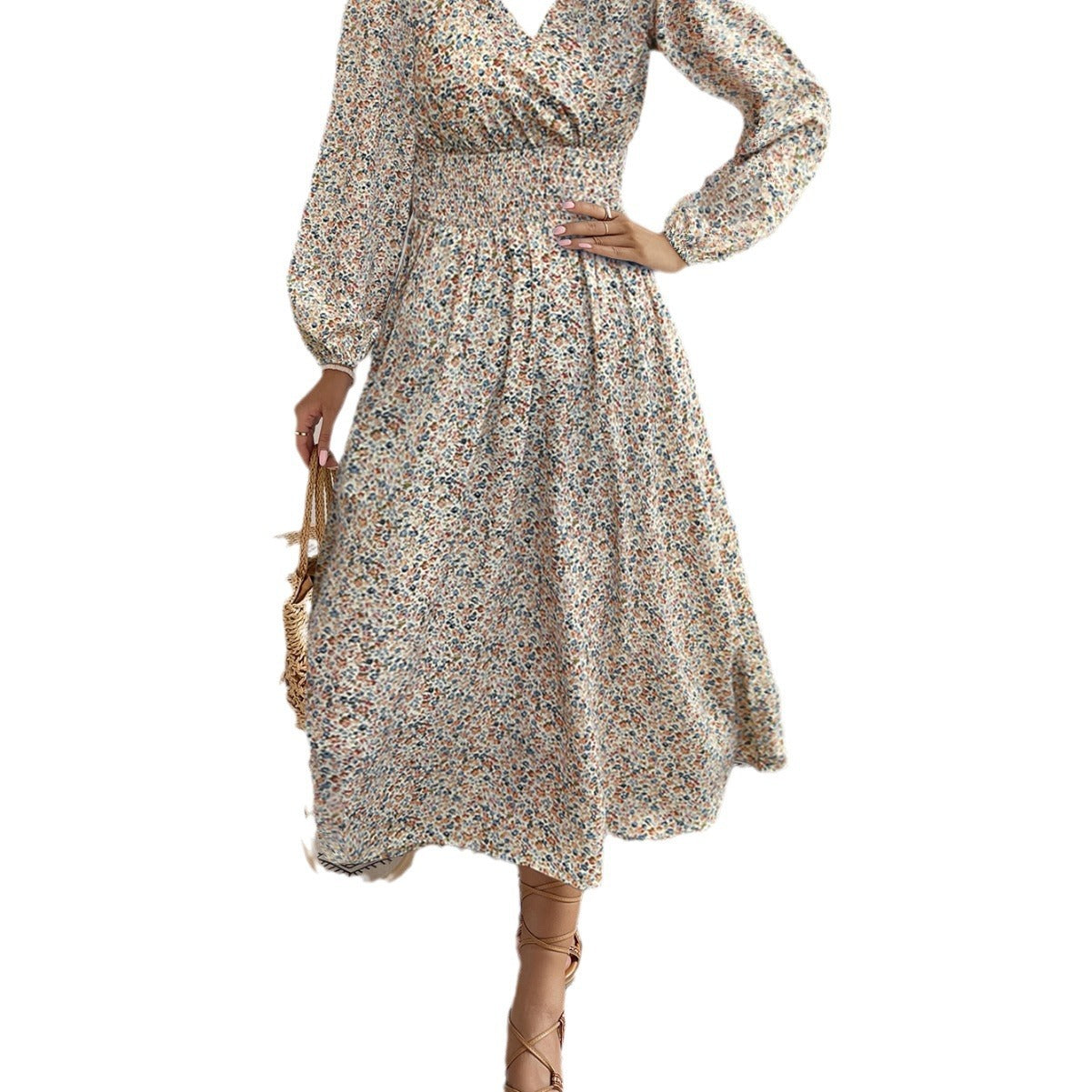 Women's V-neck Floral Print Long Sleeve Dress