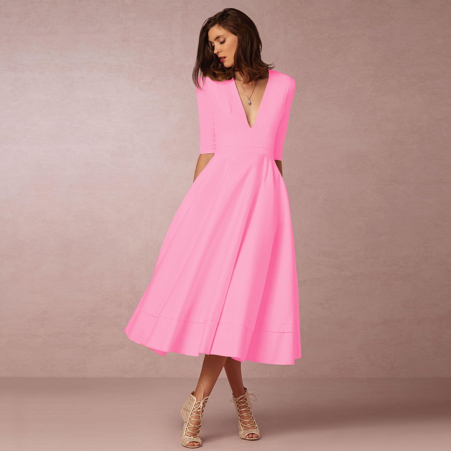 Women's Clothing Evening Dress Deep V Mid-sleeve Large Swing Dress