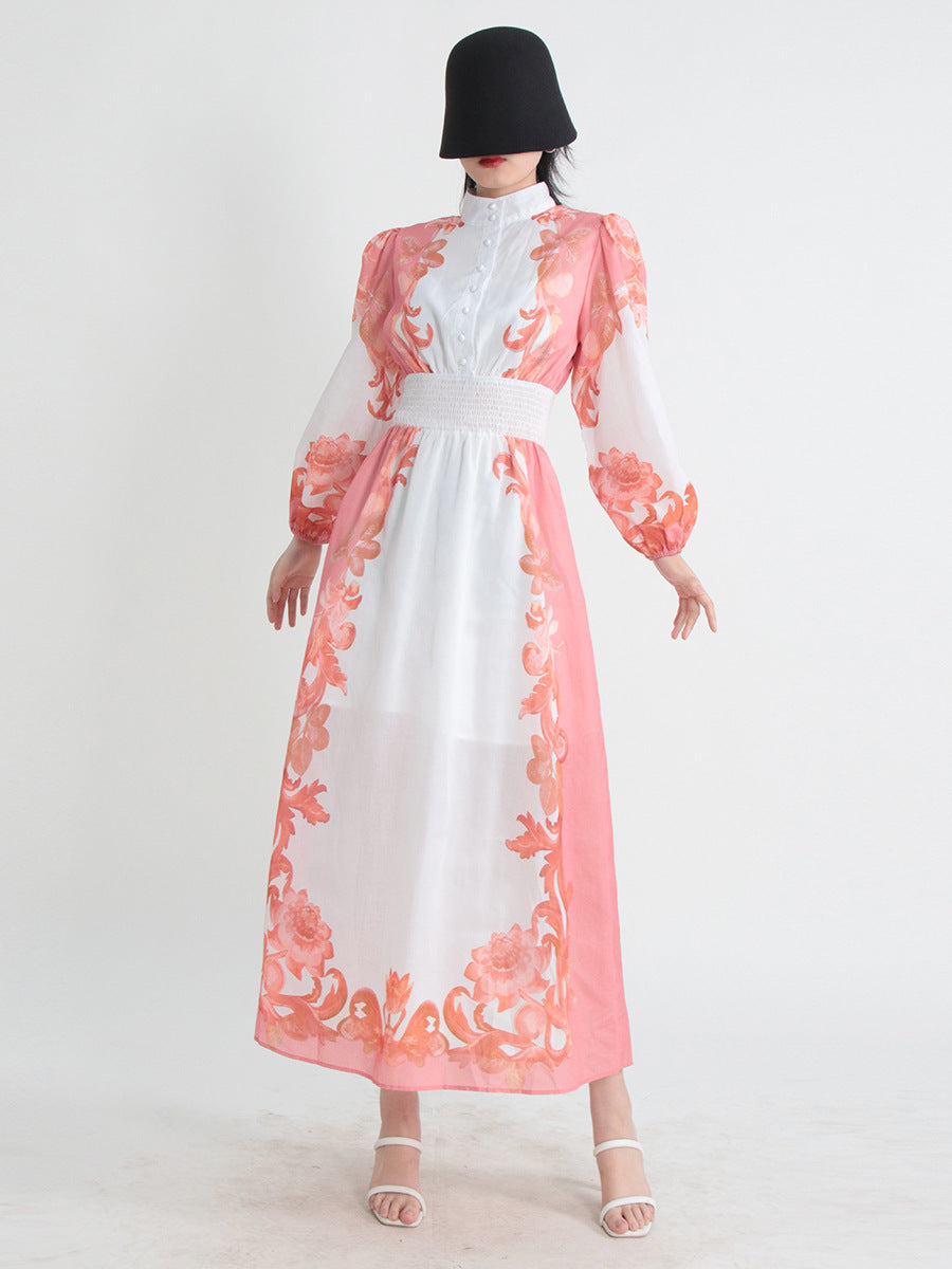 Robe trapèze d'été à col rond et manches longues, taille élastique et simple boutonnage pour femme