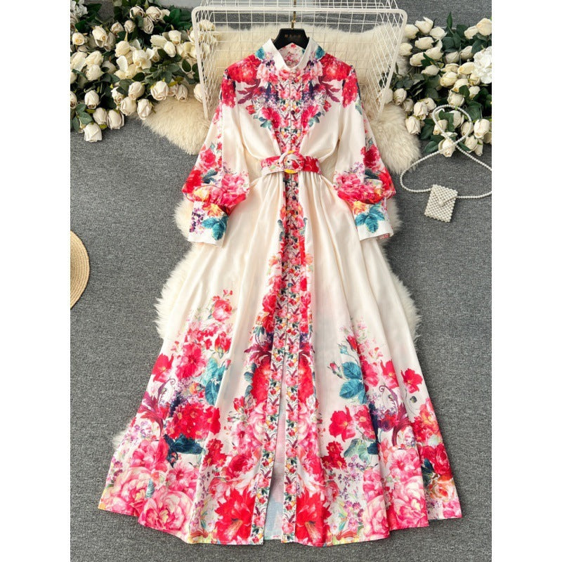New High-grade Stand Collar Lantern Long Sleeve Waist-tight Printed Dress