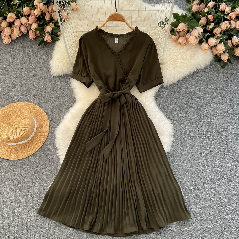 Fashionable Waist-cinching Tie-front Slimming Solid-color Minimalist Dress