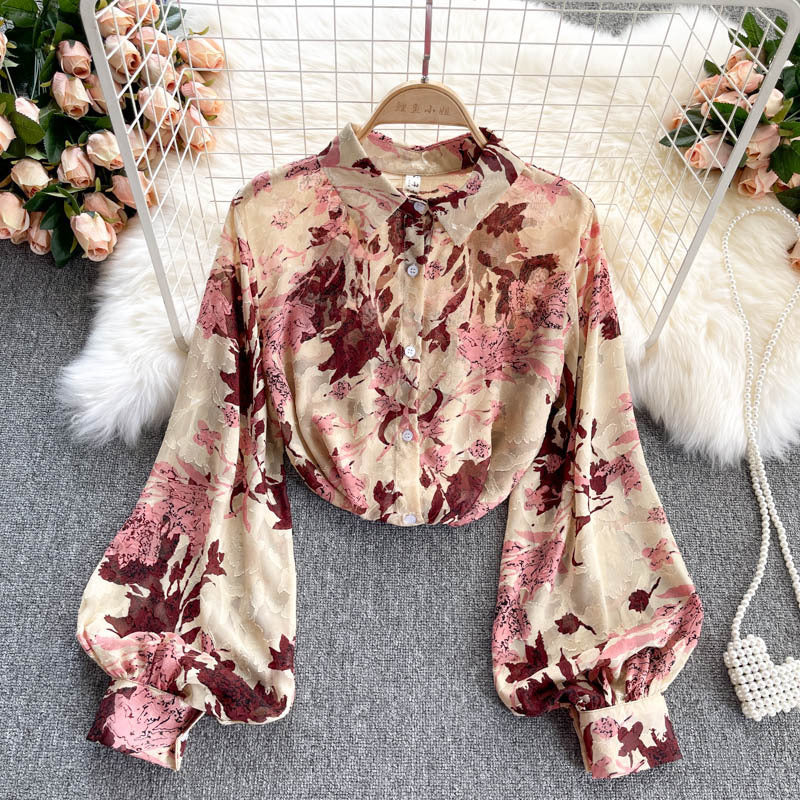 Chemise vintage imprimée à manches longues pour femme