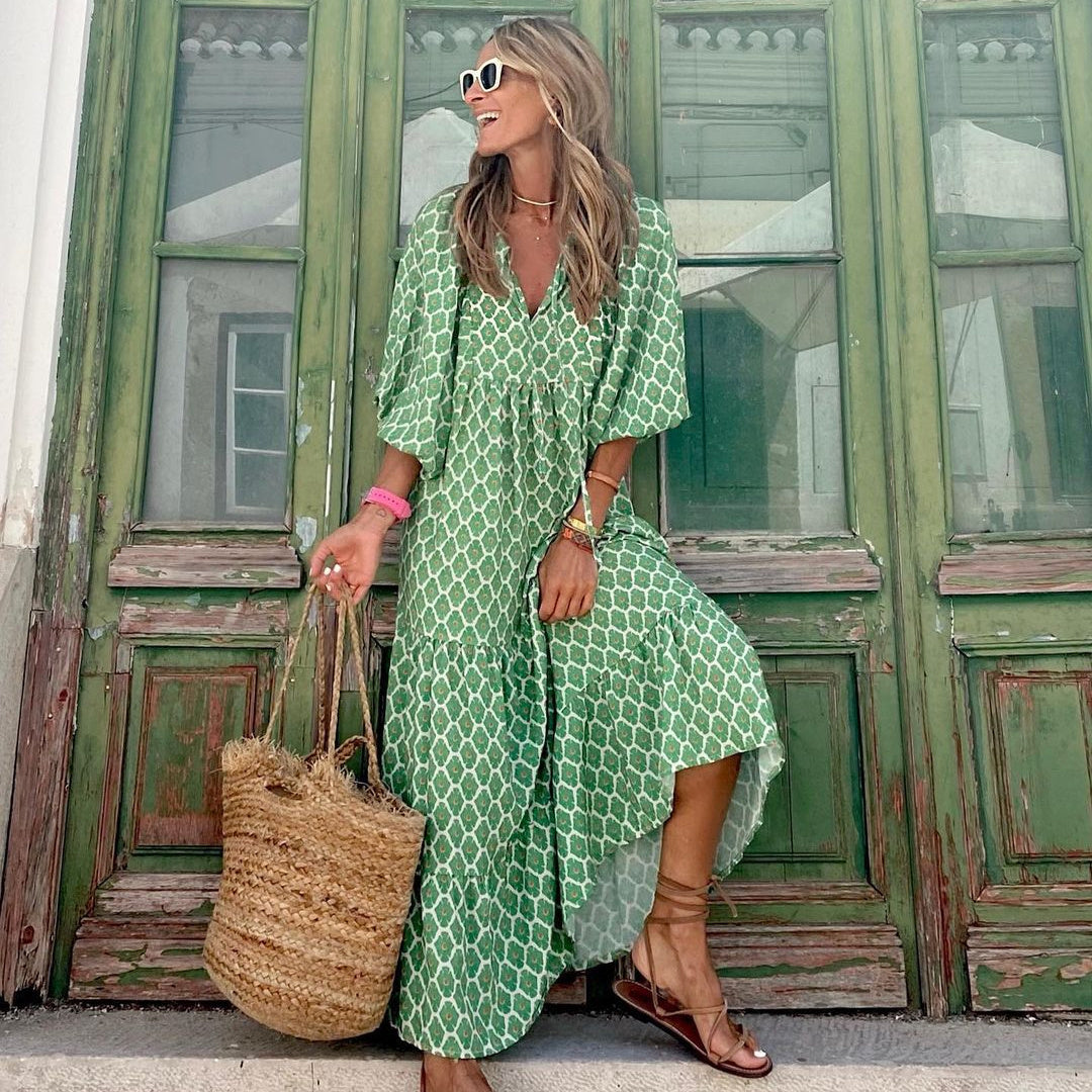 Robe d'été bohème vintage imprimée pour femme, élégante, décontractée, ample, col en V, manches courtes, longue