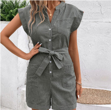 Summer Leisure Commute Jumpsuit Pinstripe Short Sleeve One-piece Shorts