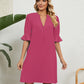 Summer Dress Solid Color V-neck Loose Pleated Half-sleeve Dress For Women