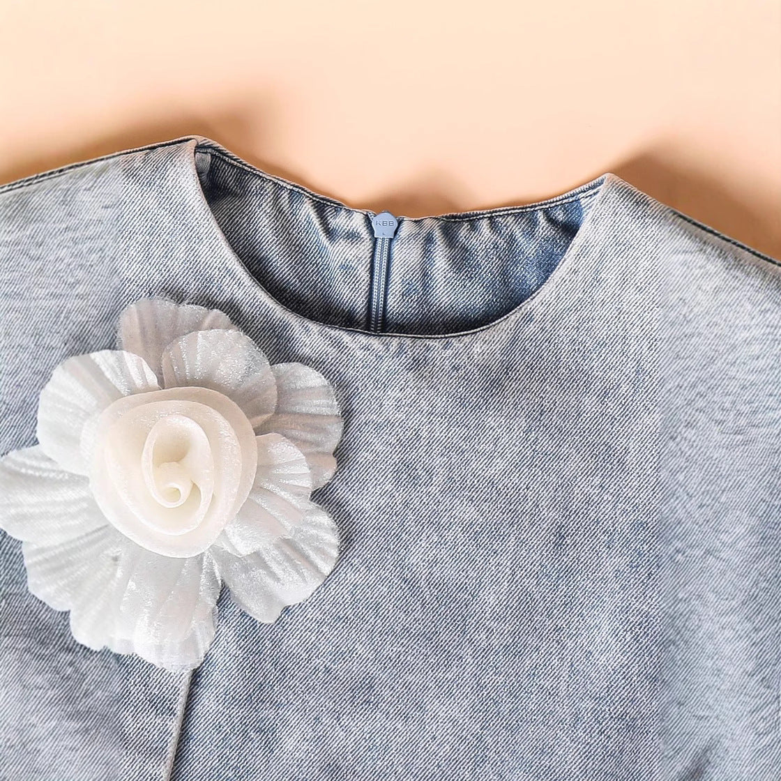 Girl's Sleeveless 3D Floral Denim Dress