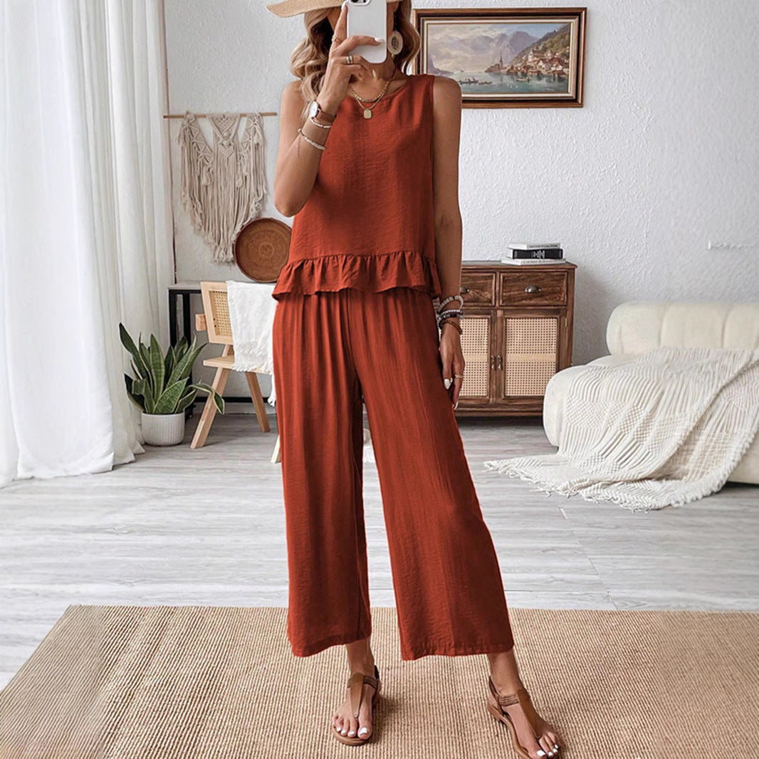 Solid-color Sleeveless Top And Capri Pants Set Womens Clothing