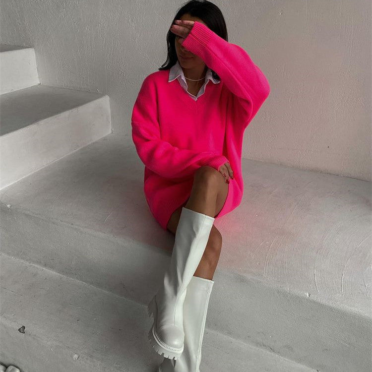 European And American Long-sleeved V-neck Casual Loose Knit Pullover