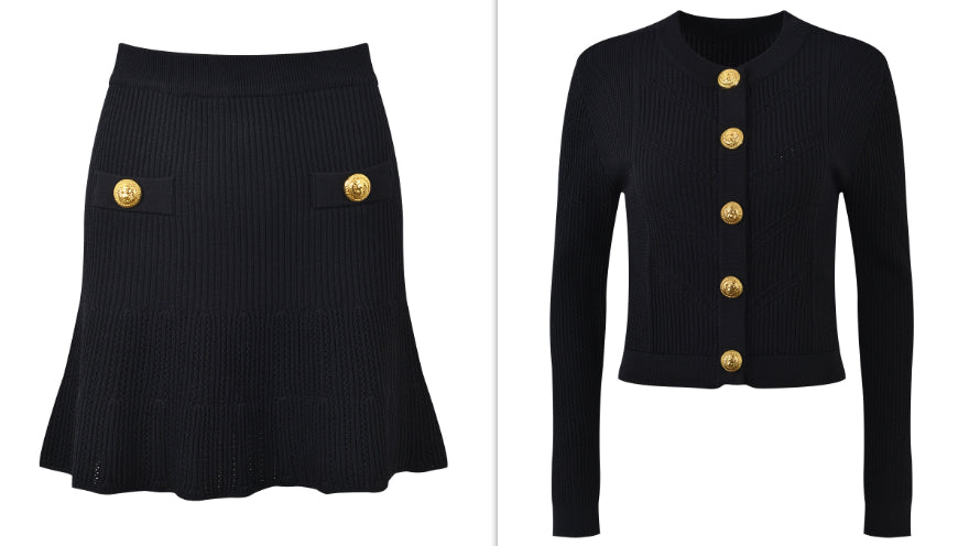 New Round Neck Metal Button Knitted Top Mid-length Dress Set