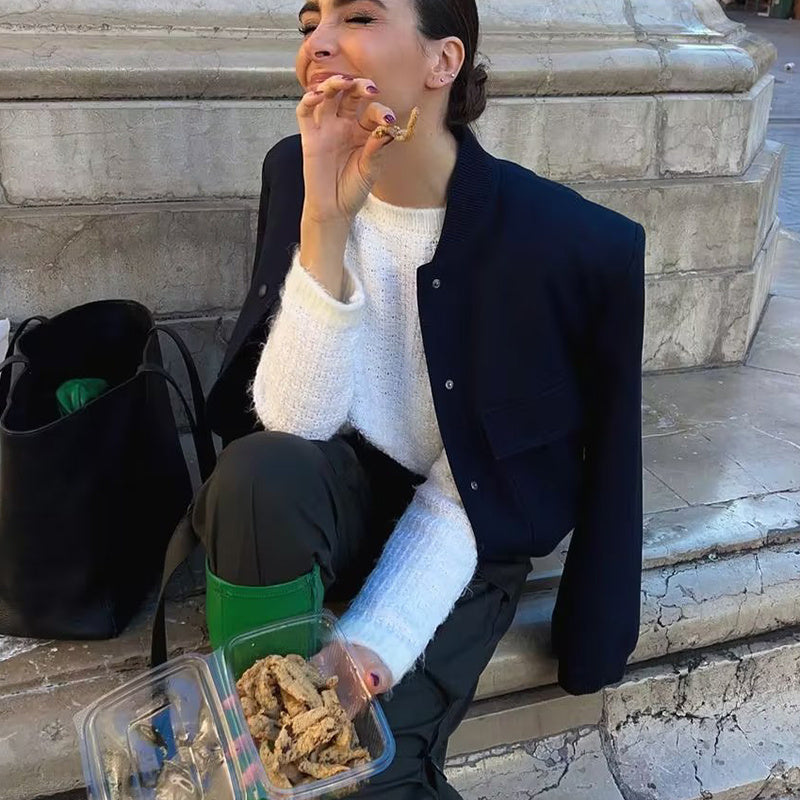 Veste courte décontractée à simple boutonnage et col montant avec poches, vêtement d'extérieur à manches longues et tendance pour femme