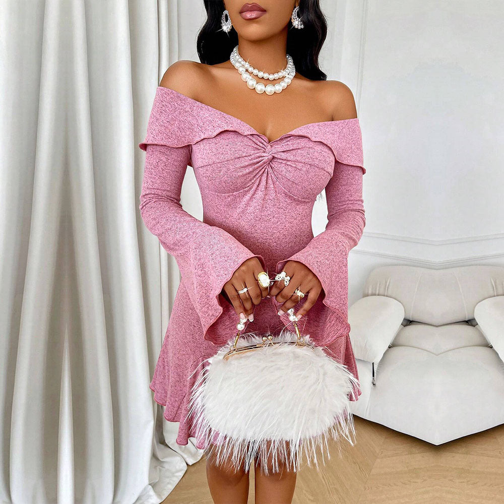 Autumn And Winter New Women's Off-shoulder Bell Sleeve Short Party Dress
