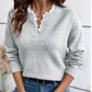 Fashionable Lace V-neck Sweater Solid Color Loose Long Sleeves Knitwear