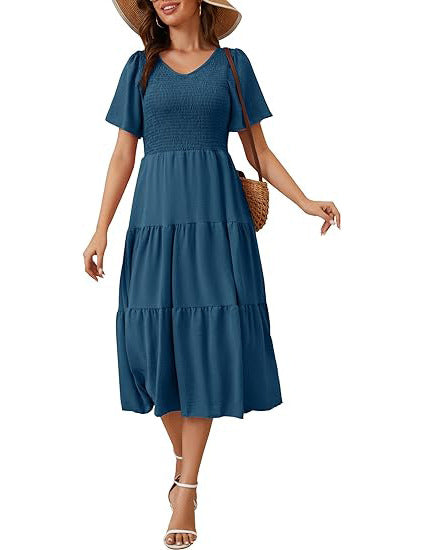 Spring Summer Short Sleeve V-Neck Ruffled Dress