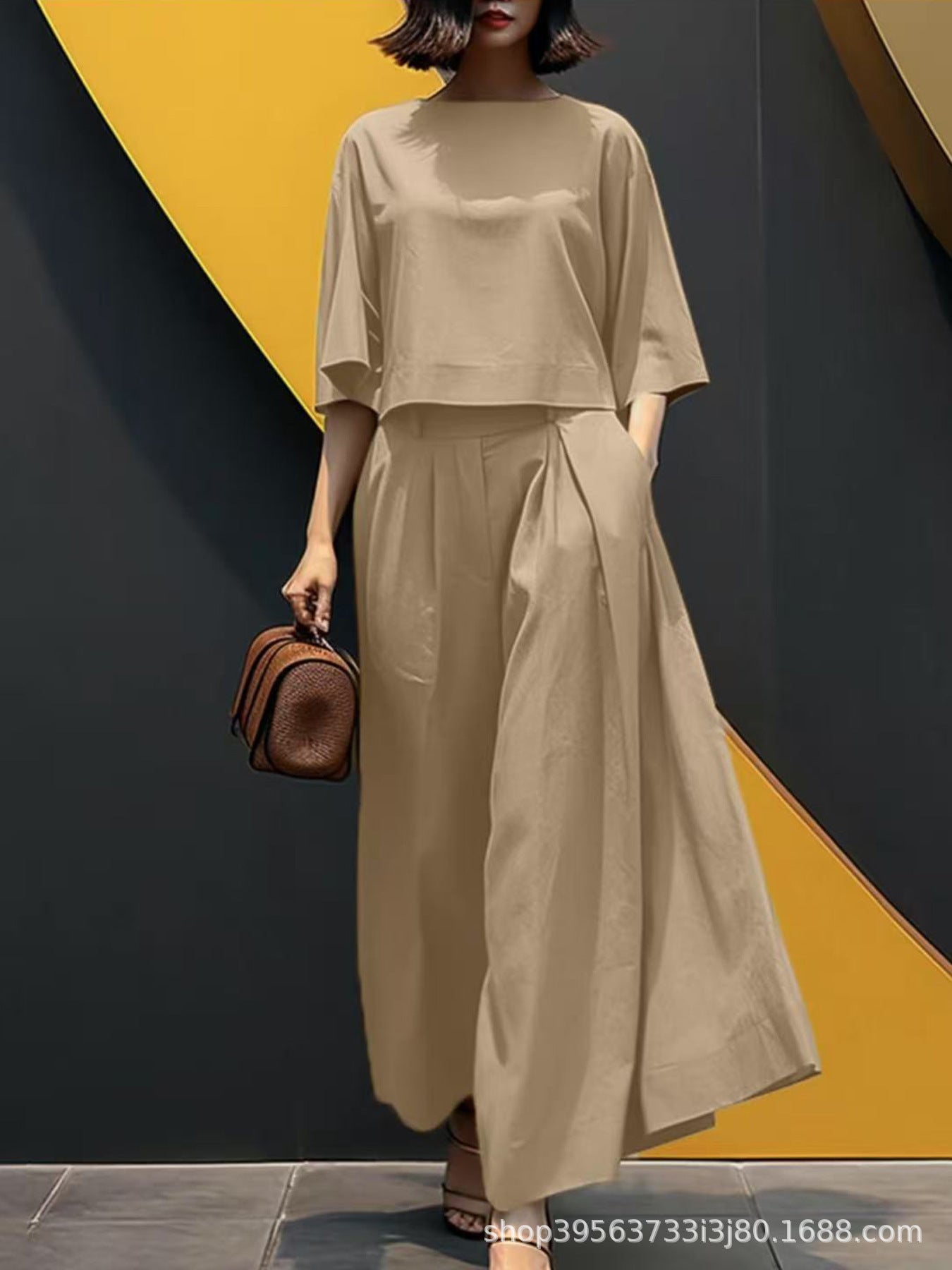 European And American Fashion Suit Solid Color Short Sleeve Loose Trousers Two-piece Set