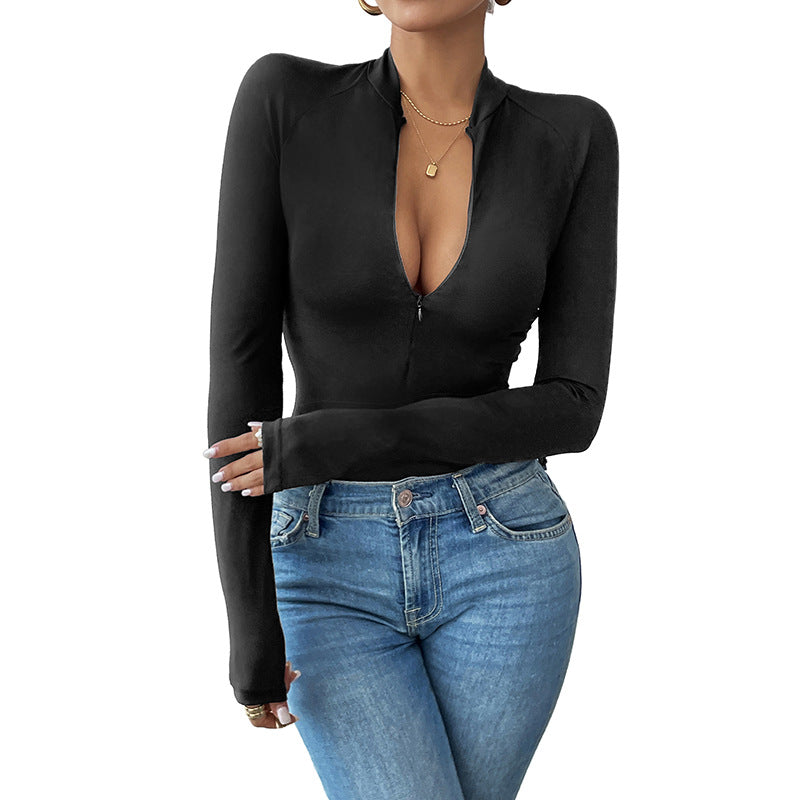 Casual Simple Half Zipped Stand Collar Long Sleeve Solid Color Jumpsuit