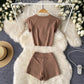 Crew-neck Cropped T-shirt High-waisted Slimming Shorts