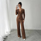 Womens Solid-Color V-Neck Cross-Over Long-Sleeve T-Shirt And Pants Set