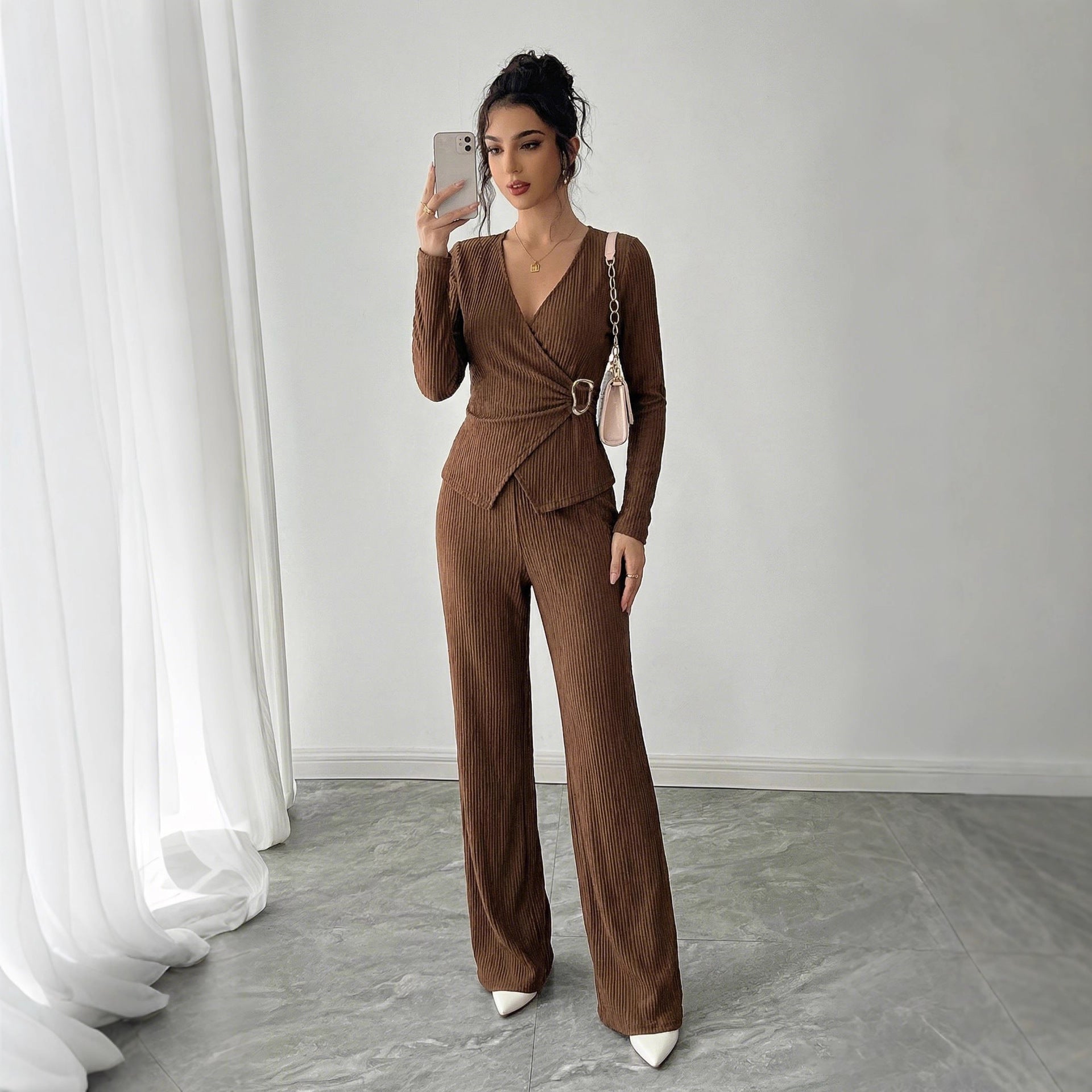 Womens Solid-Color V-Neck Cross-Over Long-Sleeve T-Shirt And Pants Set