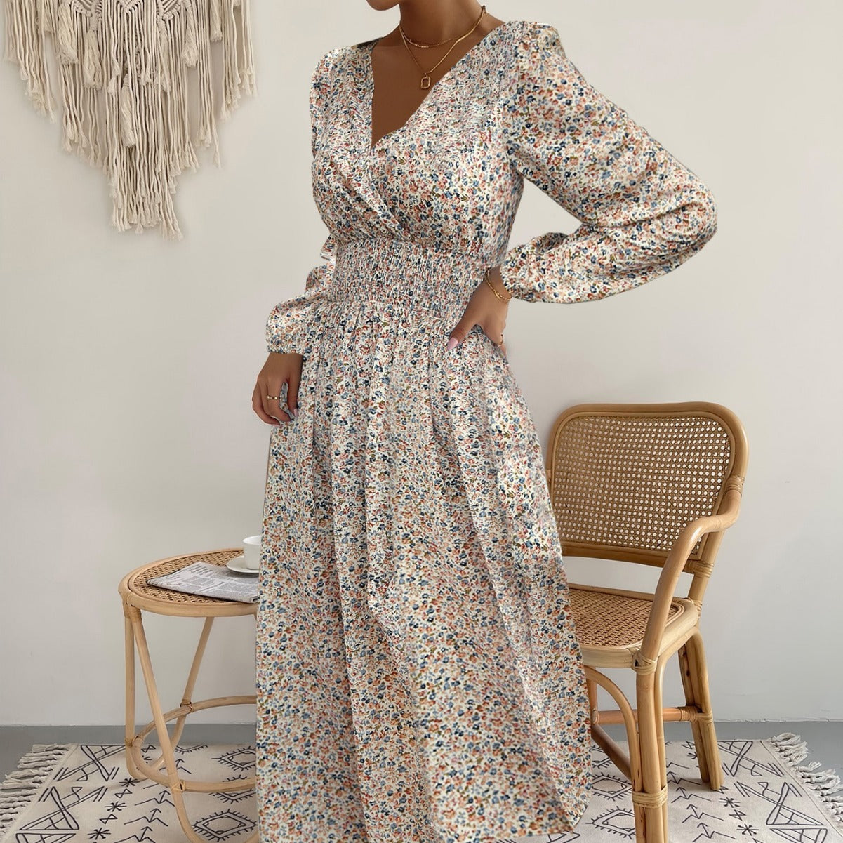 Women's V-neck Floral Print Long Sleeve Dress