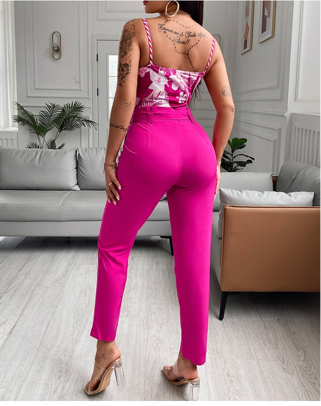 Europe And The United States New Rose Red Suspender Trousers Suit With Belt