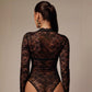 Womens Solid-Color Lace Bodysuit With Small Stand Collar And Long Sleeves