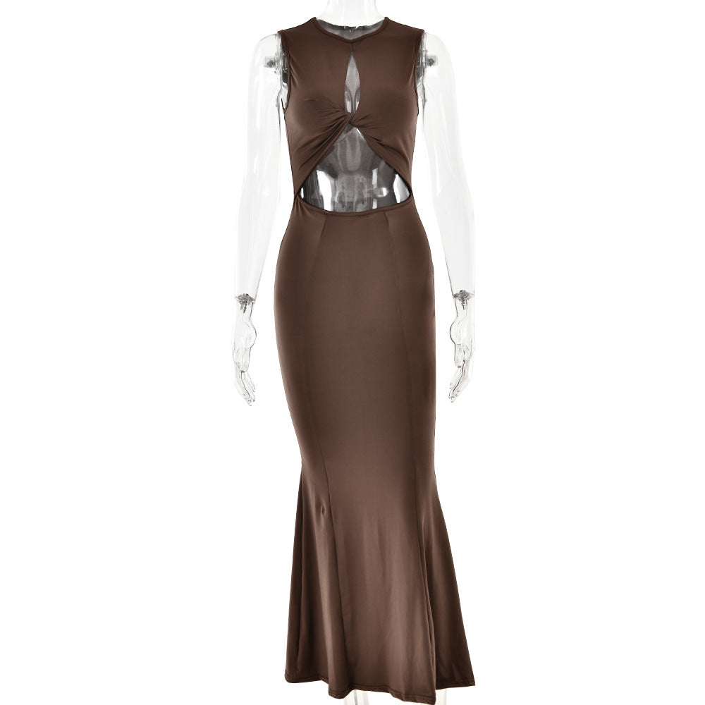 Spring Girl Round Neck Sleeveless Stitched Backless Sheath Dress