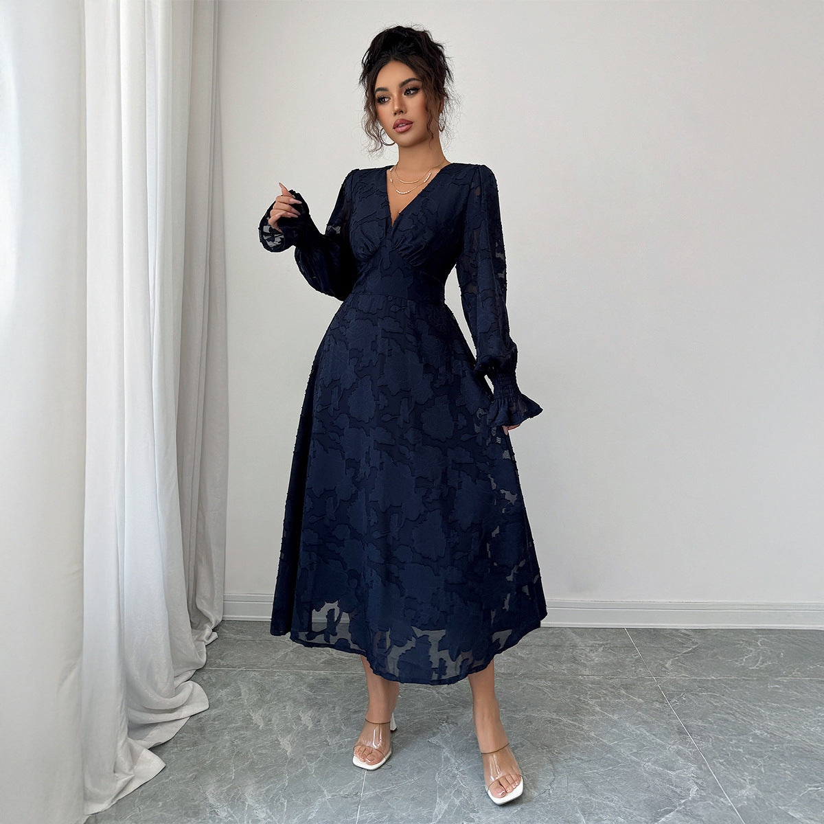 Elegant And Stylish Deep V Lace Long Sleeve Dress For Women